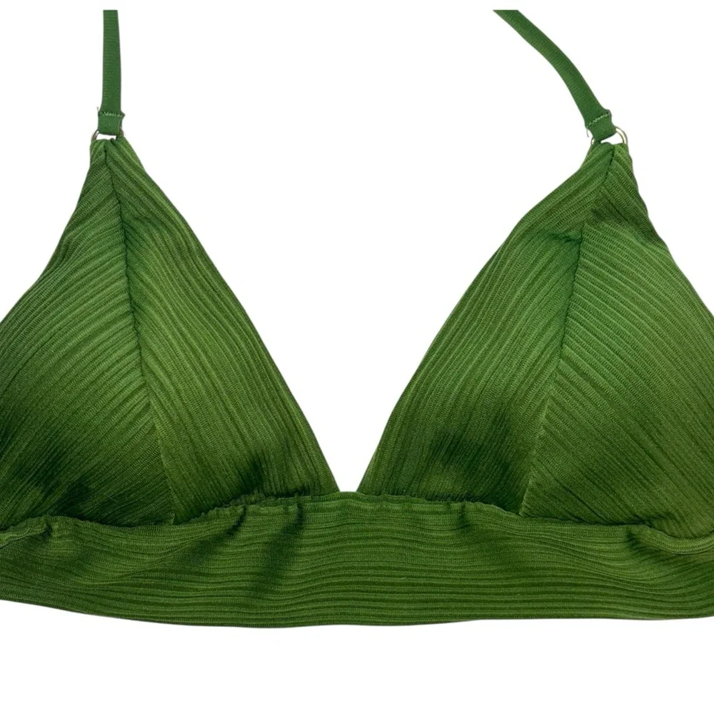 Robin Piccone Lily Ribbed Halter Triangle Bikini Top Basil Green L NWOT